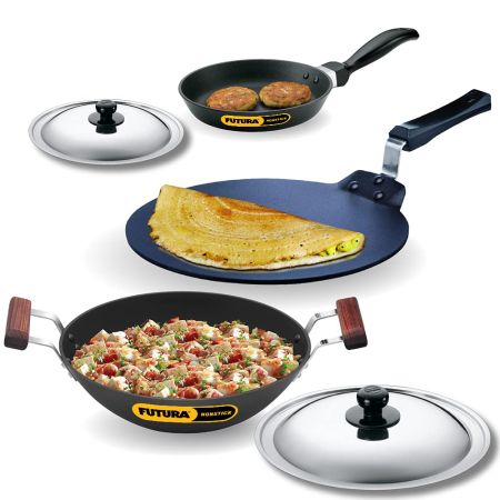 Hawkins Futura 3 Pieces Cookware Set 7 - Non Stick Dosa Tava, Frying Pan, Kadhai and Two Stainless Steel Lids, Black (NSET7)