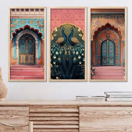 kotart Indian Madhubani Wall Decoration Traditional Art With Frame For Living Room Bed Room Hotel Wall Decor Digital Reprint Engineered Wood Set Of 3 (Art 3, (10X19 inch), Framed)