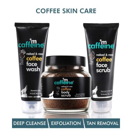 mCaffeine Coffee Tan Removal Regime | Cleanse & Exfoliate Combo | Face Wash, Face Scrub & Body Scrub | For All Skin Types | Home Spa Kit Pack of 3