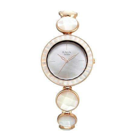 Titan Raga Power Pearls Quartz Analog Mother of Pearl Dial Faceted MOP Strap Watch for Women-95250WM01F/NT95250WM01F