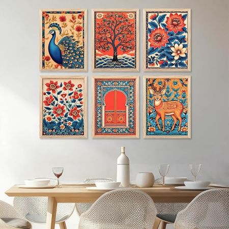 Kotart - Floral Wall Art Painting for wall Decoration | Traditional Indian Art Wall Décor Paintings | Traditional Indian Art Wall Décor Paintings | Paintings For Office Living Room set of 6 (10x13 inch, C)