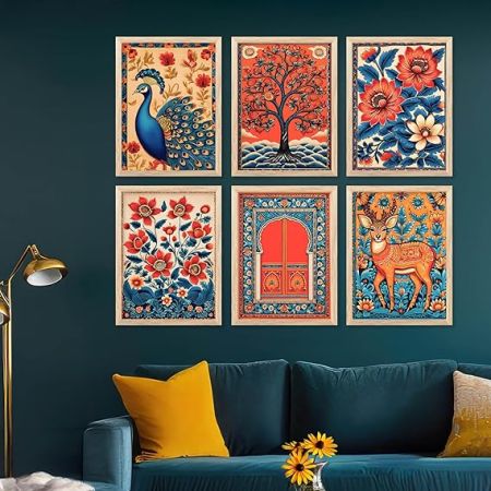 Kotart - Floral Wall Art Painting for wall Decoration | Traditional Indian Art Wall Décor Paintings | Traditional Indian Art Wall Décor Paintings | Paintings For Office Living Room set of 6 (13x17 inch, C)