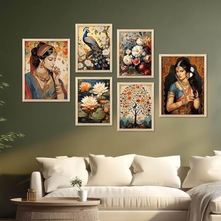 kotart - Madhubani Wall Art For Home Decor, Living Room, Bedroom | Traditional Poster With Frames Wall Hanging Frames (E) Pake Of 6