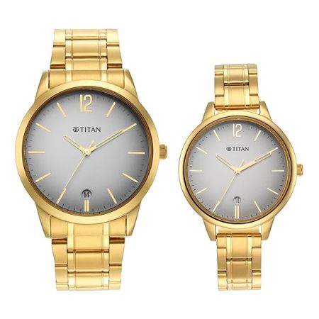 Titan Men Stainless Steel Analog Gray Dial Watch-18062617Ym01, Band Color-Gold