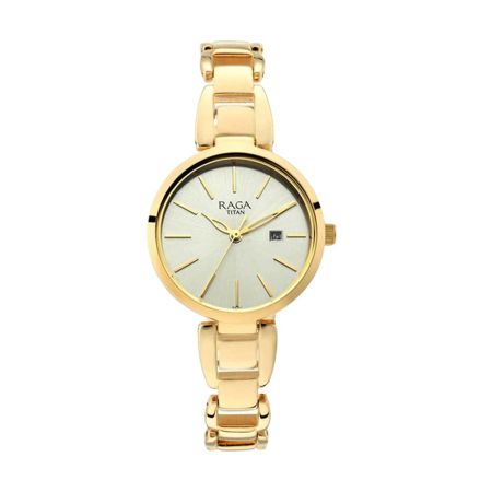 Titan Raga Viva Golden Dial Analog with Date Metal Strap Watch for Women-NS2642YM01