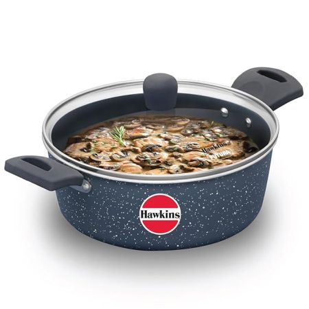 Hawkins Ceramic Nonstick Cook n Serve Bowl with Glass Lid, 3 Litre, Induction Pot, Granite Casserole (ICCB30G)
