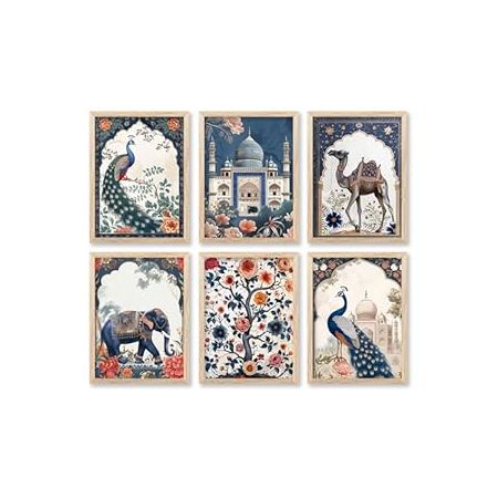 kotart Polystyrene-Pichwai Painting For Wall Decoration|Traditional Indian Art Wall Décor Paintings||Traditional Wall Poster With Frames Set Of 6 (10X13 Inch, J)