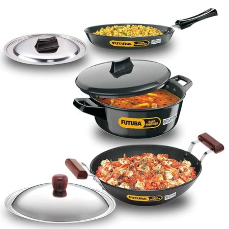 Hawkins Aluminium Futura 3 Pieces Cookware Set 1, Induction Cookware Set - Hard Anodised Frying Pan, Kadhai And Cook-N-Serve Bowl With One Hard Anodised Lid, Black (Iaset1)