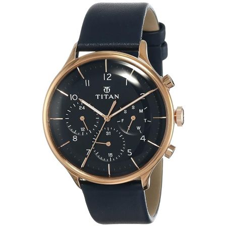 Titan Quartz Multifunction Blue Dial Leather Strap Watch for Men-NS90102WL02/NT90102WL02