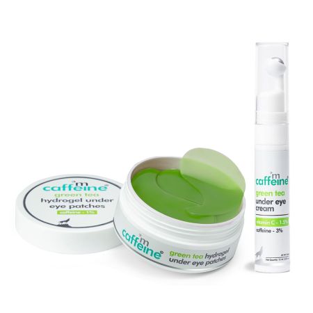 mCaffeine Fine Lines Reduction & Dark Circles Removal Duo | Enriched with Green Tea & Caffeine | Under Eye Cream & Hydrogel Under Eye Patches Combo | Value Pack
