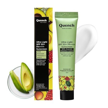 Quench Vitamin E Ultra Light SPF 50+ PA++++ Sunscreen for Glowing Skin | Non-Greasy and Non-Sticky | No White Cast | UVA & UVB Protection | Made in Korea | For Women & Men (MINI - 15ml)