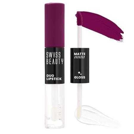Swiss Beauty Duo Lipstick | Matte smudge-proof Liqud Lipstick + Transparent glossy Lipgloss | Transfer -proof and Long lasting | Shade-Moody Plum, 10ml
