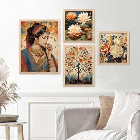 kotart Wall Art Paintings with Frame for Home Decoration - Traditional Framed Painting for Living Room Bedroom Office Decor - Painting for Wall Decoration - Set of 4 Multicolo (A)