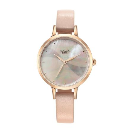 Titan Raga Power Pearls Quartz Analog Mother of Pearl Dial Leather Strap Watch for Women-NS2666WL04