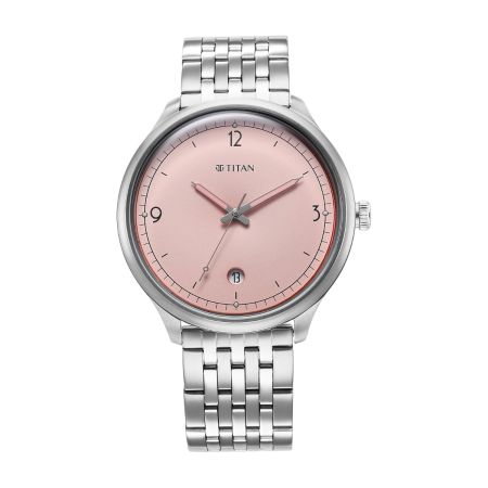 Titan Timeless Treasures Quartz Analog with Date Pink Dial with Silver Color Stainless Steel Strap Watch for Men-10023SM01/NT10023SM01