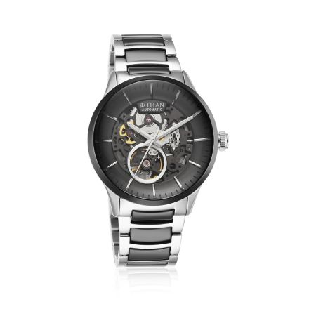 Titan Ceramic Fusion Automatic Black Dial Silver Dual-Toned Stainless Steel Bracelet Watch for Men-90174KD01/NT90174KD01