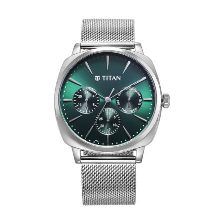 Titan Classique Suave Quartz Green Dial Silver Stainless Steel Mesh Strap Watch for Men-90189SM01/NT90189SM01