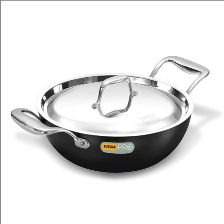 Hawkins Futura Pro 2.5 Litre Deep-Fry Pan, Nonstick Kadhai with Stainless Steel Handles and Stainless Steel Lid, Balck (PNK25S)