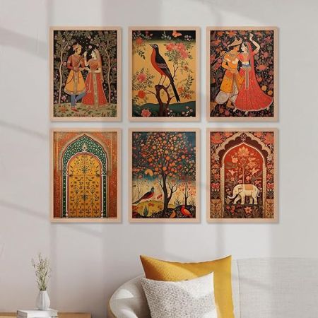 Kotart Premium Digital Madhubani Paintings with Frame for Living Room Bedroom Office Room Decor - Pack of 6 (10x13) (Combo04)-Polystyrene Polystyrene