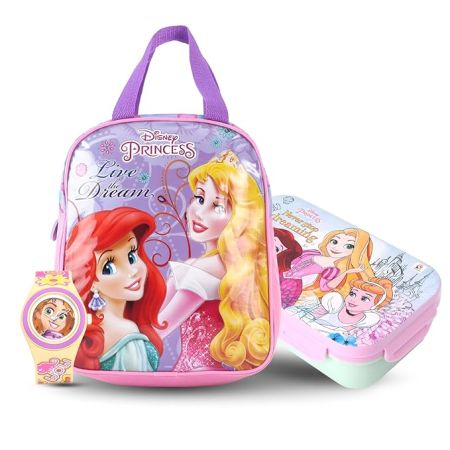 Zoop Disney Princess Gift Set - Analog Watch + Tiffin Bag + Tiffin Box for Kids