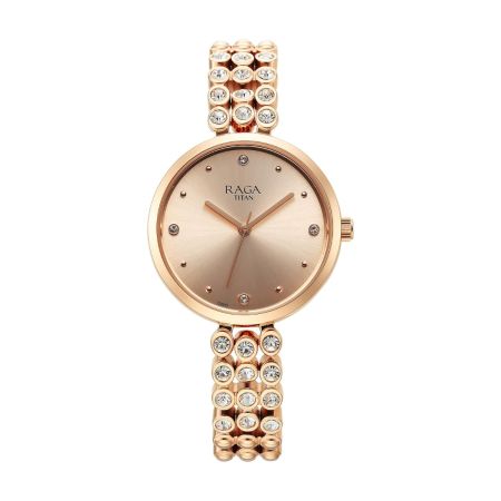 Titan Raga Showstopper Quartz Analog Rose Gold Dial Metal Strap Watch for Women-NS95262WM01/NT95262WM01