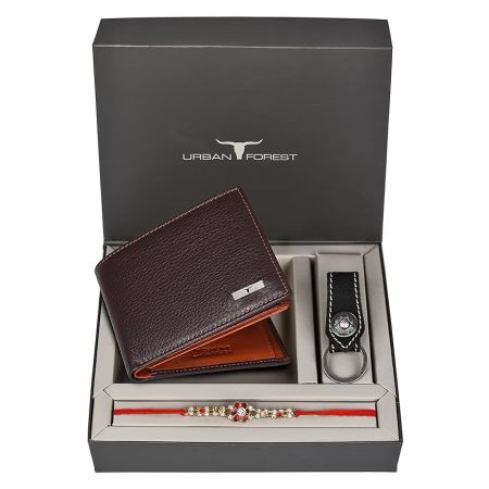 URBAN FOREST Rakhi Gift Hamper for Brother - Classic Brown Men's Leather Wallet, Black Keyring and Rakhi Combo Gift Set for Brother - 4560