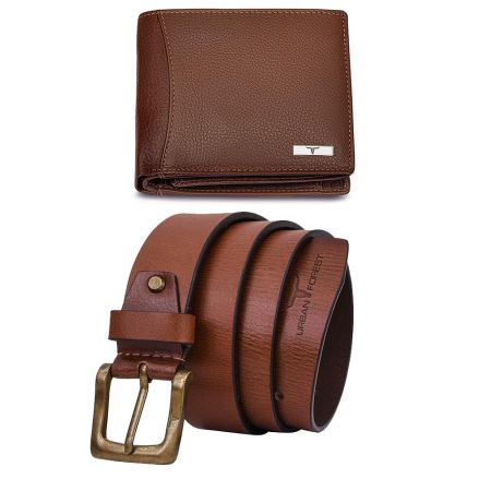 URBAN FOREST Brian Redwood Leather Wallet & Redwood Casual Textured Belt Combo Gift Set for Men