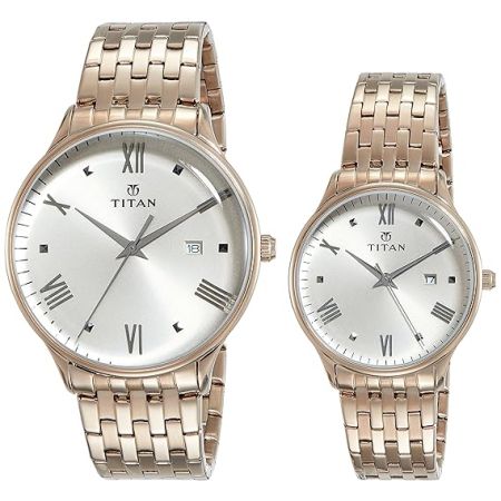 Titan Bandhan Rose Gold Dial Analog with Date Stainless Steel Strap watch for Couple-NS9400194201WM01P/NT9400194201WM01