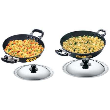 Hawkins Futura Non-Stick Round Bottom Deep-Fry Kadai with Steel Lid, 30Cm Q19 Futura Non-Stick Deep-Fry Pan (Kadhai) with Stainless Steel Lid, 22Cm
