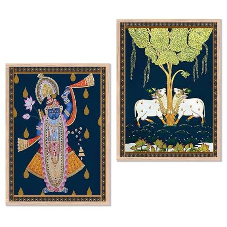 kotart Madhubani Art Framed Painting for Home, Living Room, Hall | Shrinath Ji Pichwai Art Traditional Paitnings with Frame for Home Decor (Set of 2) (Style04)