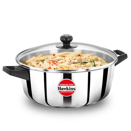 Hawkins 5 Litre Cook n Serve Casserole, Stainless Steel Saucepan with Glass Lid, Induction Pan, Sauce Pan for Cooking and Serving, Black (SSCB50G)