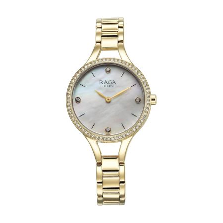 Titan Raga Showstopper Quartz Analog Mother of Pearl Dial Metal Strap Watch for Women-95275YM01/NT95275YM01