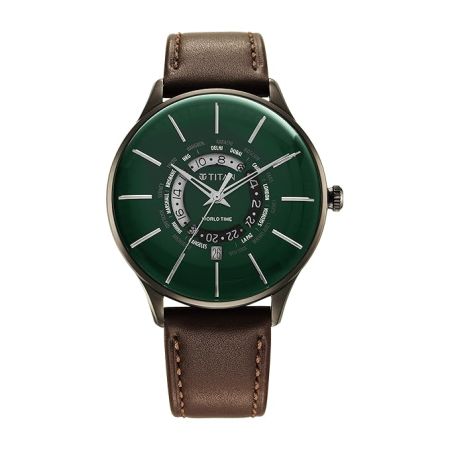 Titan Green Dial World Time with Date Leather Strap Watch for Men-NS90145QL01/NT90145QL01