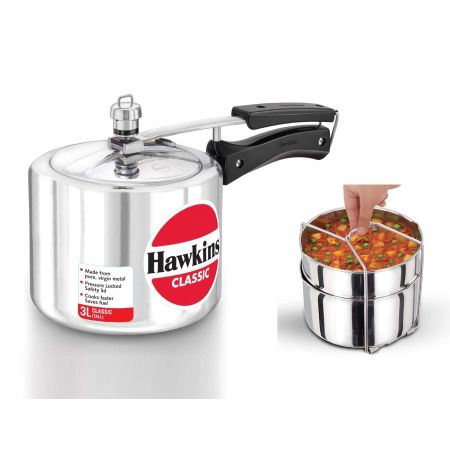 Hawkins Classic 3 Litre Aluminium Inner Lid Pressure Cooker, Tall With Two-Dish Stainless Steel Separator, 3 Liter