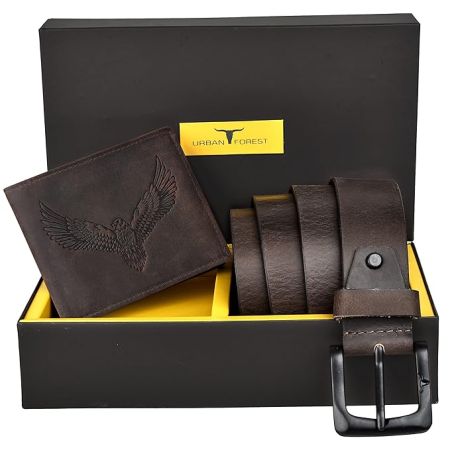 URBAN FOREST Zeke Vintage Brown Leather Wallet & Casual Brown Leather Belt Combo Gift Set for Men - Packed in premium Wooden Box for Gifting